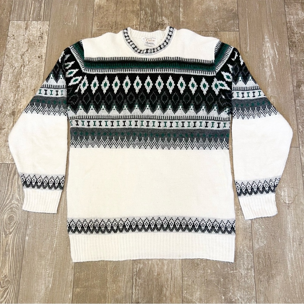 VINTAGE 90s Nordic Fair Isle Pullover Knit Crewneck Sweatshirt Made In USA Large
